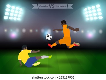 Two football players in jump to strike the ball at the stadium, Soccer players colombia versus ivory coast, Brazil 2014 group C Vector illustration modern design template