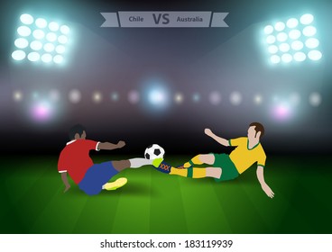 Two football players in jump to strike the ball at the stadium, Soccer players chile versus australia, Brazil 2014 group B Vector illustration modern design template