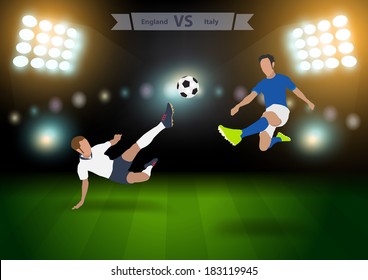 Two football players in jump to strike the ball at the stadium, Soccer players england versus italy, Brazil 2014 group A Vector illustration modern design template