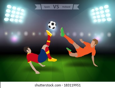 Dos futbolistas saltando para golpear el balón en el estadio, jugadores de fútbol España contra Holanda, Brasil 2014 grupo B Vector ilustración moderna plantilla de diseño