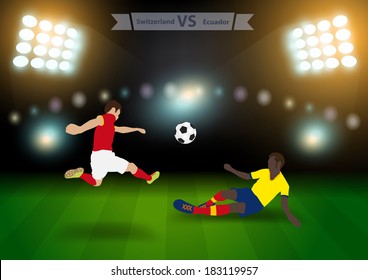 Two football players in jump to strike the ball at the stadium, Soccer players switzerland versus ecuador,, Brazil 2014 group E Vector illustration modern design template