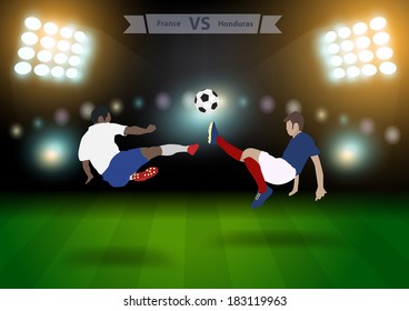 Two football players in jump to strike the ball at the stadium, Soccer players france versus honduras, Brazil 2014 group E Vector illustration modern design template 