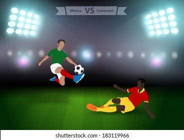 Two football players in jump to strike the ball at the stadium, Soccer players mexico versus cameroon, Brazil 2014 group A Vector illustration modern design template 