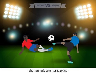 Two football players in jump to strike the ball at the stadium, Soccer players costa rica versus uruguay, Brazil 2014 group A Vector illustration modern design template