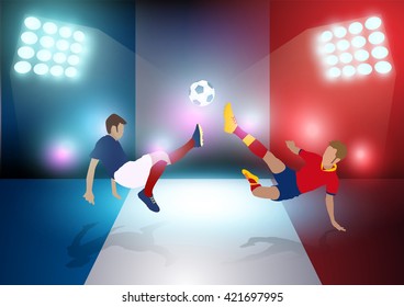 Two football players in jump to strike the ball at the stadium with France flag background, Vector illustration layout template design