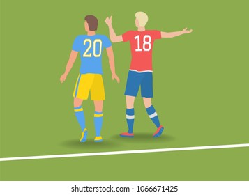 Two football players with numbers on T-shirts 2018. Green soccer field with white line. Vector illustration.