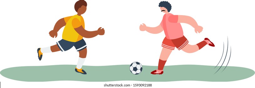 Two football players on the field fighting for the ball