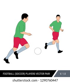 Two football players run with the ball. Two soccer players from the one team run together. One player passes ball to another. Color vector illustration.