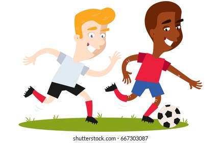 Two football players running and chasing after ball isolated on white background