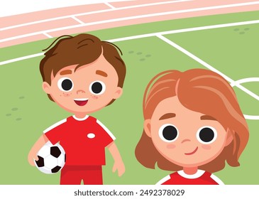 Two football players staying on a field. School kids playing sports. Cartoon children.