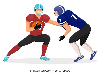 Two footballers from different teams playing in american football. Player attacks opponent, goalkeeper catch ball. Rivalry of competition, match on stadium. Vector illustration in flat style