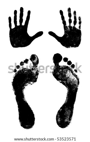 Two footprints and two hand prints isolated on white