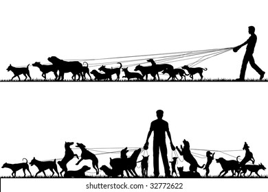 Two foreground silhouettes of a man walking many dogs with all elements as separate editable objects