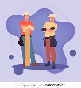 Two foremen with instruments standing together. Positive professional team in hardhats with tools working on construction site. Building works, job concept