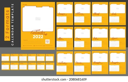 Two Formats Complete Set Of 2022 Calendar Template Layout With Copy Space In White And Yellow Color.