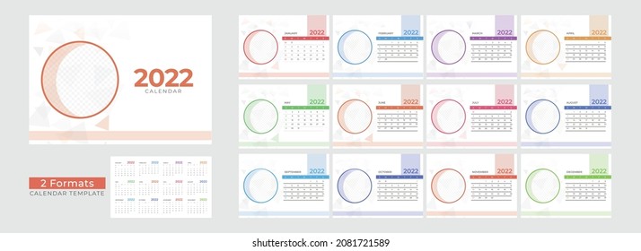 Two Formats Complete Set Of 2022 Yearly Calendar Template With Space For Image Or Notes.