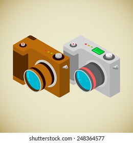Two foto cameras, modern and retro, in isometric style