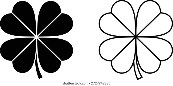 Dois ícones de trevo de quatro folhas, um preto preenchido e um esboço, simbolizam a sorte e o Dia de São Patrício. Ideal para vetores e recursos gráficos.
