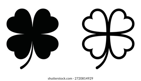 Two four-leaf clover icons side by side, one solid black and one outlined in black on white background, symbolizing luck and nature.