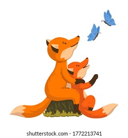 Two foxes are looking at the butterflies. Cartoon forest animals parent with baby. Mother's and Father's Day card. Vector illustration isolated on white background. For poster, banner, t-shirt print.