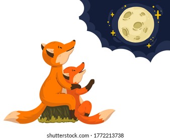 Two foxes are looking at the moon in the clouds. Cartoon forest animals parent with baby. Mother's Day and Father's Day card. Vector illustration isolated on white background. Art for children book.