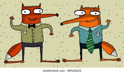 Two foxes on a beige background
