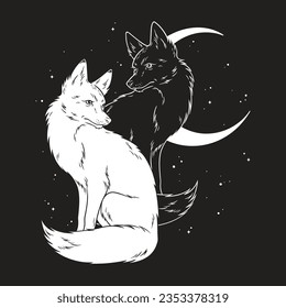 Two foxes over night sky with crescent moon hand drawn line art gothic tattoo design isolated vector illustration