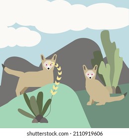 Two foxes in the savannah landscape.