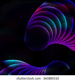 Two fractal increasing spiral of bright glowing in the dark soap transparent violet-blue circles on a space retro background.