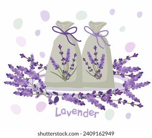 Two fragrant lavender bags with bows, a lavender wreath. Vector illustration