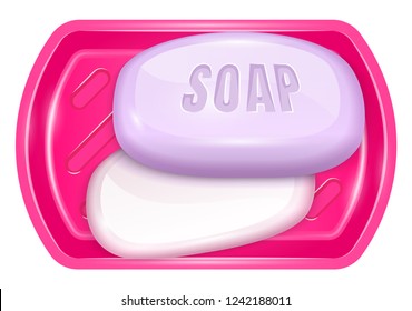 Two fragrant purple soap bar on plastic pink basin. Household stuff for washing and cleaning. Isolated on white background. EPS10 vector illustration.