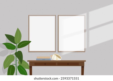 Two frame mockup with shadows on a wall. Classic interior with wooden frames. Vector illustration.