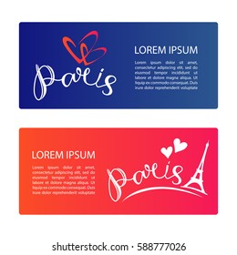 Two frames with hearts and Eiffel Tower isolated on white background. Romantic templates for banners or greeting cards.