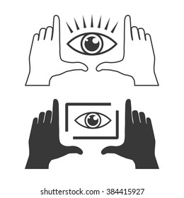 Two frames made from fingers and eyes inside. Horizontal perspective view. Light and dark vector illustrations.