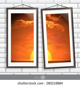 Two  Frames Of Picture On A Striped Old Wall. Vector Illustration. Eps 10.