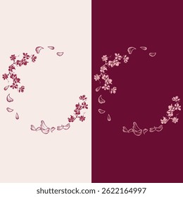Two frames, sakura wreaths, cherry blossoms with flying petals in vector for design of postcards, stickers, posters. Pink and cherry wreath.