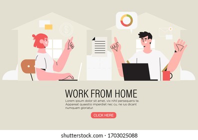 Two freelancer coworkers working at home office on a laptop and have conversation about project or settle business tasks . Video or online conference call with fellow distant workers or partner. 