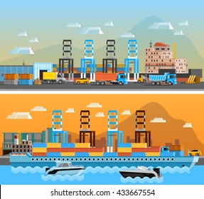 Two freight port horizontal banners with dry cargo ship at shipyard and port of loading and unloading with trucks flat vector illustration 