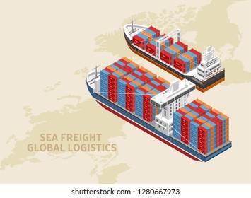 Two freight vessels located over world map as part of global logistics 
