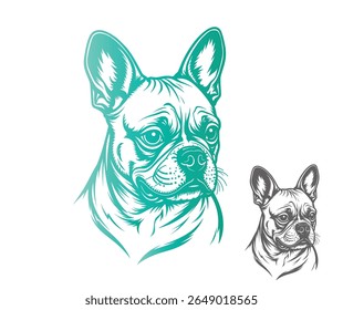 Two French bulldog head illustrations, one in teal gradient and one in gray, with detailed linework on a white background.