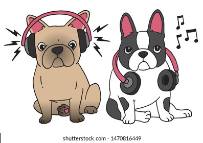 Two french bulldogs with headphones listening to music. Vector illustration