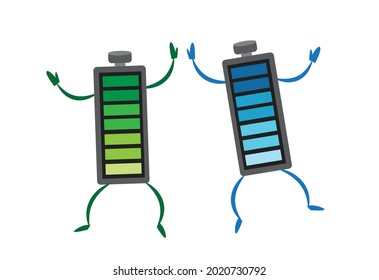 Two Fresh charged batteries with hands and feet celebrating. Editable Clip Art.