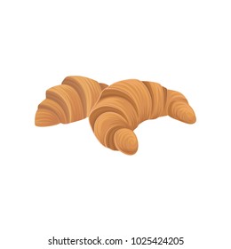 Two fresh croissants, baked puff pastry. Flat cartoon style design element. Bakery goods for poster, label and menu bakery shop. Vector isolated on white.