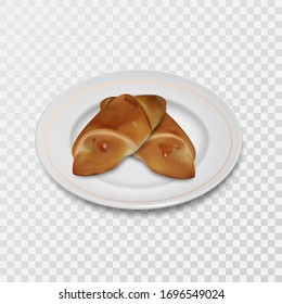 Two fresh croissants on a ceramic plate.Realistic pastry on the dish. Concept of cooking.Design elements. 3D vector illustration.