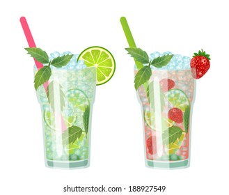 Two fresh and delicious cocktails - classic lime and strawberry mojito, isolated drawing on a white background. Vector design colorful  illustration