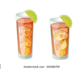 Two fresh and delicious cocktails - cuba libre and long island, isolated drawing on a white background. Vector design colorful illustration