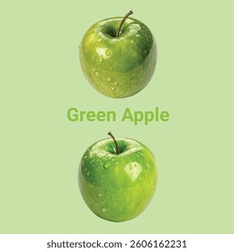 two fresh green apples with water droplets, a healthy and delicious snack. organic fruit and nutrition