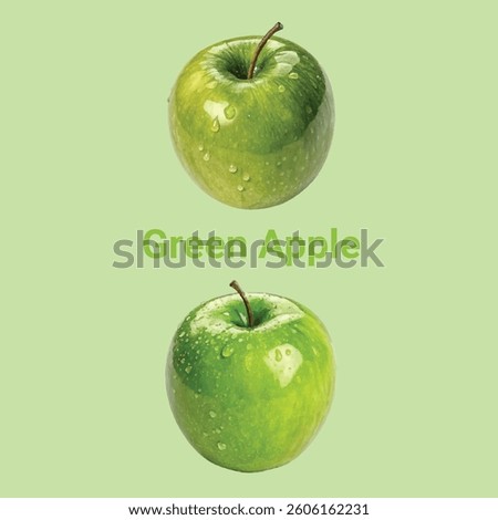 two fresh green apples with water droplets, a healthy and delicious snack. organic fruit and nutrition