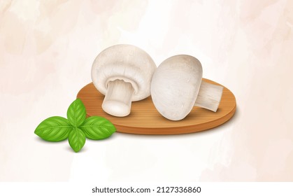 Two fresh mushrooms champignons vector illustration with round wooden chopping board and basil leaves