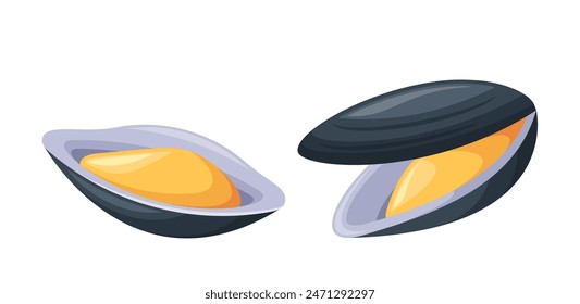 Two Fresh Mussels With Open Shells Revealing Vibrant Yellow Meat. Cartoon Vector Illustration Ideal For Culinary Recipes